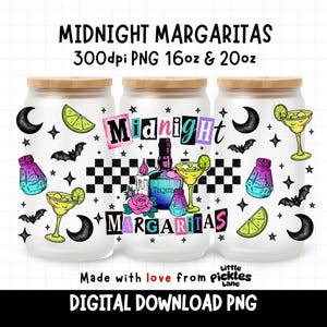 May include: Three frosted glass tumblers with bamboo lids featuring a Midnight Margaritas design. Graphics include tequila bottles, lime wedges, margaritas, bats, crescent moons, stars, a pink rose, a candle, and a black and white checkerboard pattern.