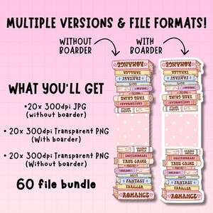 May include: A pink graphic with text and illustrations of book stacks. The text reads "MULTIPLE VERSIONS & FILE FORMATS!" and "WHAT YOU'LL GET." Includes 20 JPG and 40 PNG files in a 60 file bundle.