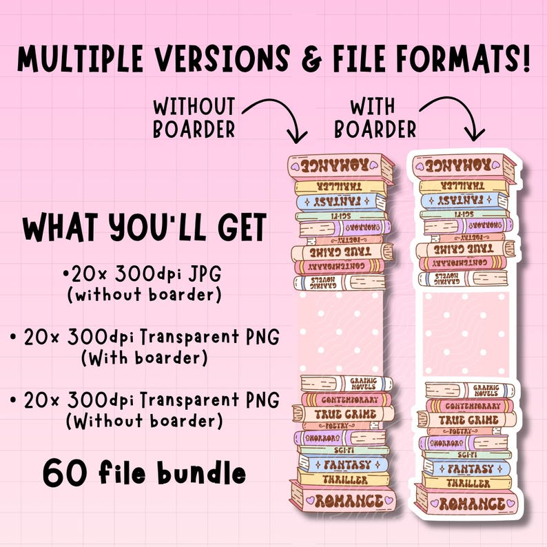May include: A pink graphic with text and illustrations of book stacks. The text reads "MULTIPLE VERSIONS & FILE FORMATS!" and "WHAT YOU'LL GET." Includes 20 JPG and 40 PNG files in a 60 file bundle.