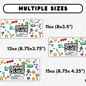 Pixel-style sublimation wrap with retro gaming icons including hearts, swords, crowns, skulls, a controller, wizard, and “GAME OVER” text with a loading bar. Perfect for 11oz, 12oz, and 15oz mugs, this wrap design is ideal for gamers, geek gifts, or kids who love arcade aesthetics. Vibrant 8-bit artwork makes it great for gaming gifts, birthday presents, or novelty mugs for video game fans.