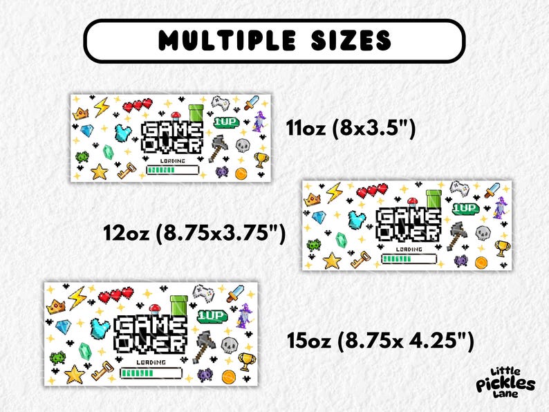 Pixel-style sublimation wrap with retro gaming icons including hearts, swords, crowns, skulls, a controller, wizard, and “GAME OVER” text with a loading bar. Perfect for 11oz, 12oz, and 15oz mugs, this wrap design is ideal for gamers, geek gifts, or kids who love arcade aesthetics. Vibrant 8-bit artwork makes it great for gaming gifts, birthday presents, or novelty mugs for video game fans.