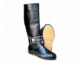 Handmade Tall Black Leather Horse Riding Officer Boots with Hobnail Sole, Unisex Equestrian Cavalry-Style, Military Reenactment Footwear
