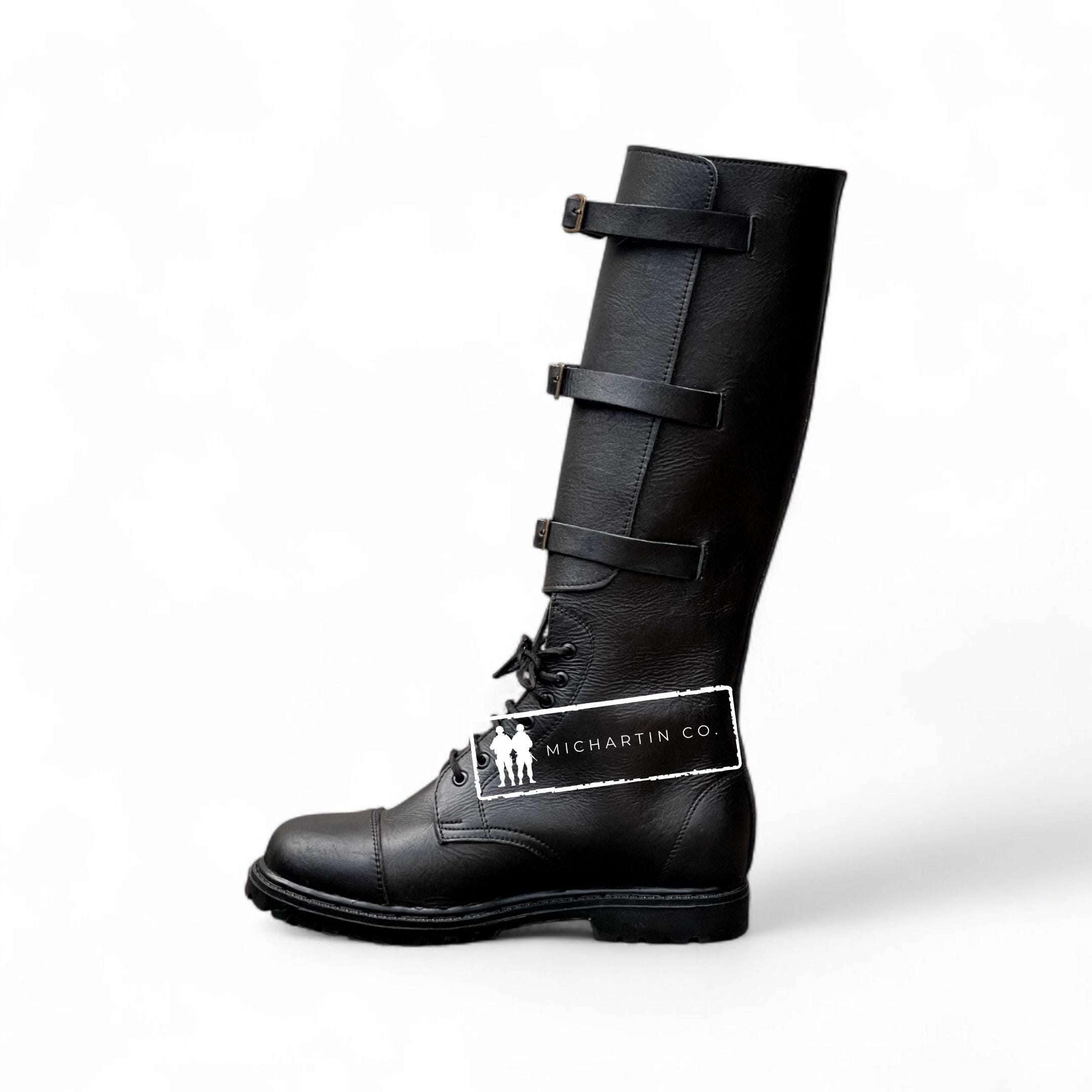 Handmade Black Leather Tall Boots: Triple Buckle Straps, Heavy