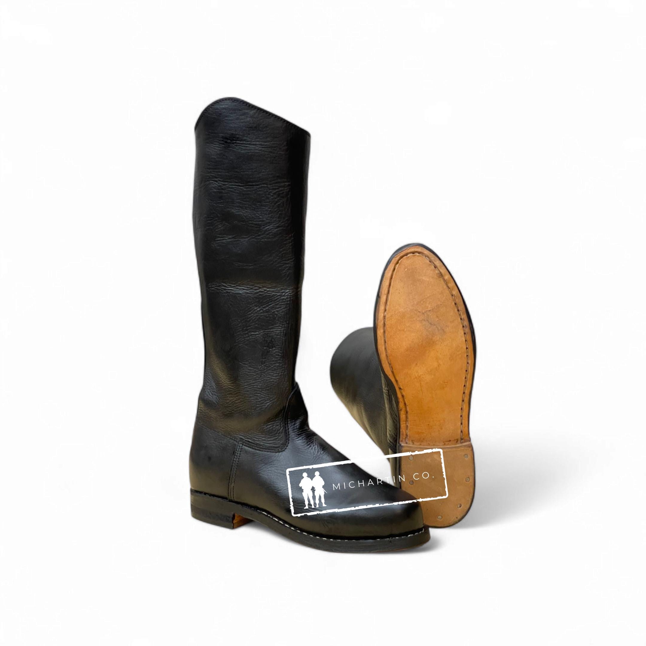 Handcrafted Black Leather Riding Officer Boots, Vintage Style Tall Equestrian Boots with Leather Sole, Unisex Historical Riding Boots
