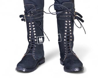 Handmade Medieval Boots Men | Suede Leather Viking Knee High Lace Up Boots | Renaissance LARP Costume Footwear