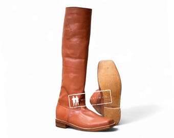 Botas de montar hasta la rodilla de cuero color canela hechas a mano: estilo histórico unisex
