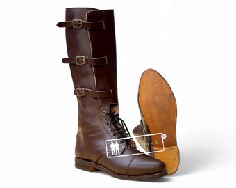Handcrafted Brown Leather Riding Boots with Triple Buckle Straps and Leather Sole – Vintage Military-Inspired Design Unisex Boots