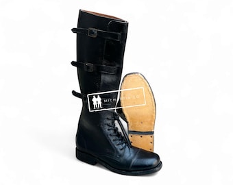 Handmade Black Leather Officer Boots: Tall Triple Buckle Cosplay Boots