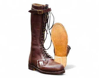 Handmade Brown Leather Single Buckle US Riding Boots, Lace-Up Knee Boots, Unisex Equestrian Fashion Boots, Vintage Style Fashion Boots