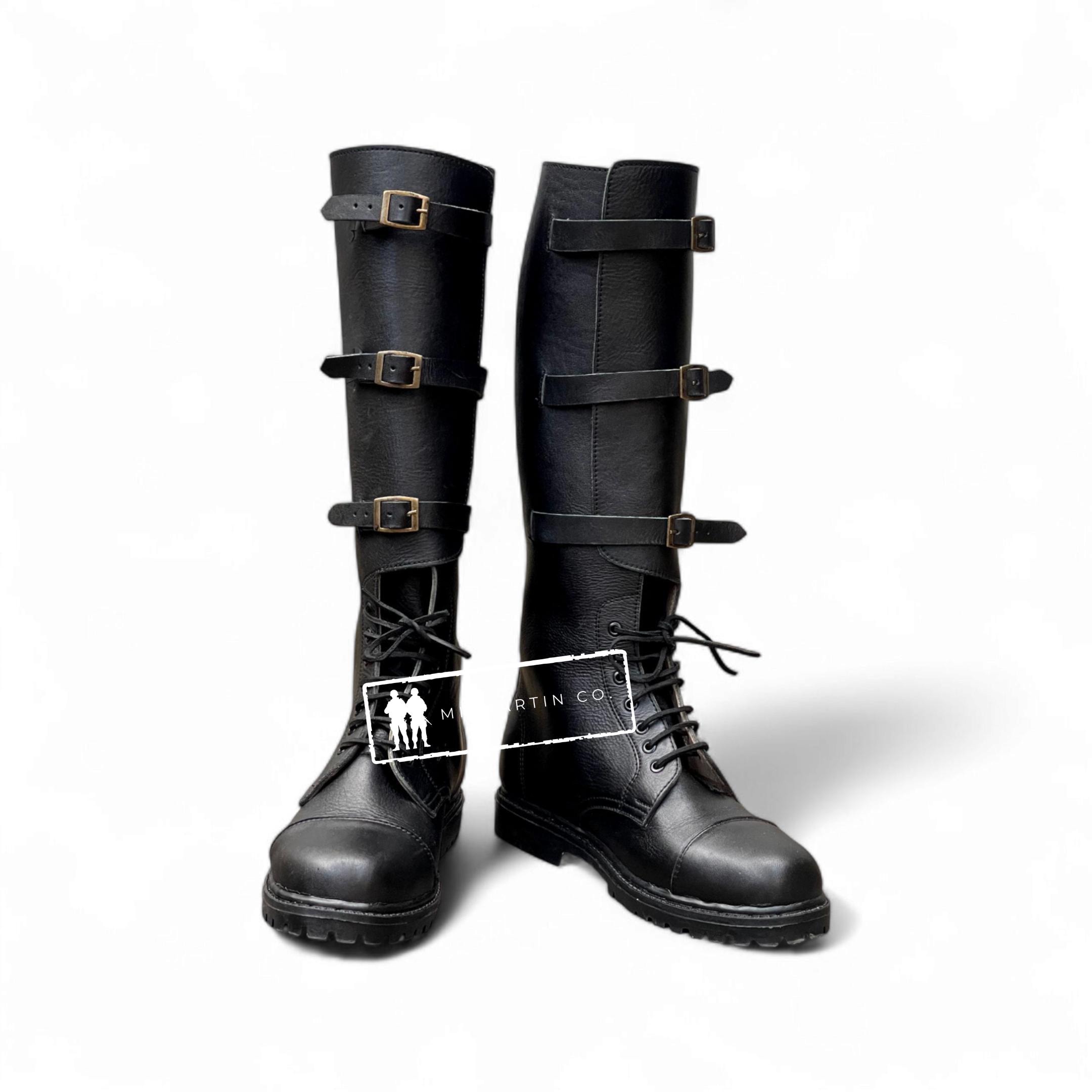 Handmade Black Leather Tall Boots: Triple Buckle Straps, Heavy