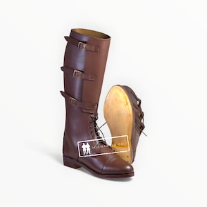 Handgefertigte Leder Reitstiefel, Vintage Reiter Militärstil, Dreifach Schnalle
