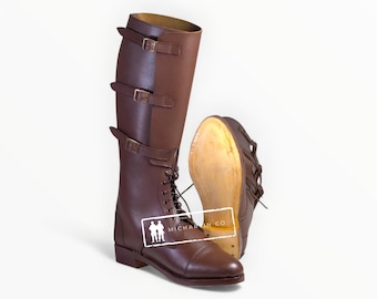 Botas de montar de cuero hechas a mano, estilo militar ecuestre vintage, triple hebilla.