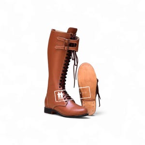 Handgemaakte hoge bruine leren Duitse rijlaarzen met veters, steampunk, re-enactment, cosplayschoenen, unisex clubmodelaarzen