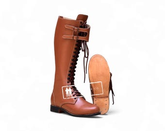 Handgefertigte Schnürstiefel aus braunem Leder - Steampunk Reitstiefel