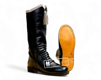 Black Leather Hessian Boots: Silver Tassel Trim, Ceremonial Riding Boots