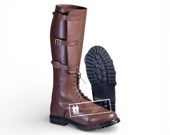Tall Brown Leather Boots, Triple Buckle Equestrian Style