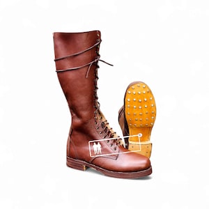 Custom hoge vintage bruine leren knielaarzen met puntige zool, modieuze lange rij-, leger- en wandelschoenen