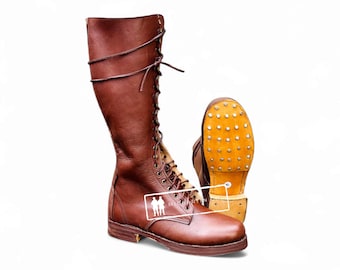 Custom Tall Brown Leather Lace-Up Boots: Vintage Style Hobnail Sole