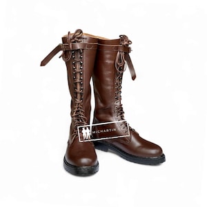 Handgemaakte bruine leren Amerikaanse veterlaarzen met gesp en rubberen zool, unisex rijlaarzen, laarzen in gevechtsstijl, vintage paardensportmodelaarzen