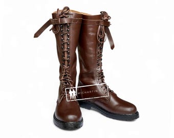 Handmade Brown Leather US Lace-Up Boots with Buckle & Rubber Sole, Unisex Riding Boots, Combat Style Boots, Vintage Equestrian Fashion Boots
