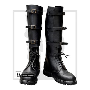 Black Leather Long Boots With Rubber Sole, Front Buckles Styled Boot, Handmade Horseriding Boots For Men And Women, All Sizes Available