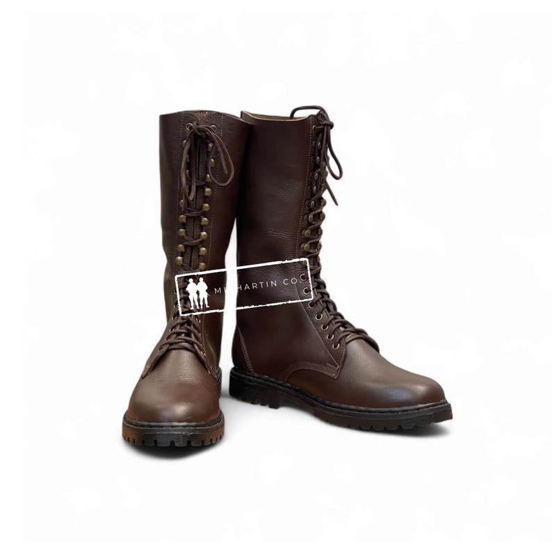Lace-Up Brown Leather Riding Boots: Combat-Inspired Vintage Style image 2