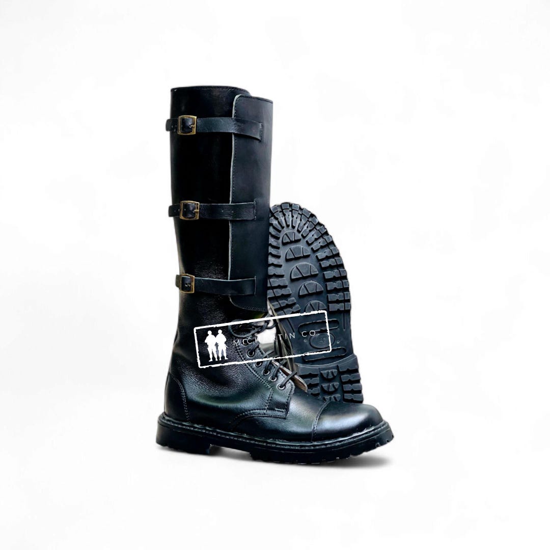 Handmade Black Leather Triple Buckle Combat Boots: Tactical Lug