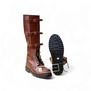 Handgemaakte bruine leren lange laars met drie bandjes en rubberen zool, laars met gespen aan de voorkant, robuust erfgoedschoeisel, unisex outdoorstijl