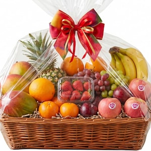 resh Sweet Fruit Hamper with Pineapple, Apple, Grapes, Banana, Mango, plums, Oranges, Clementines and Strawberries, Gift Basket