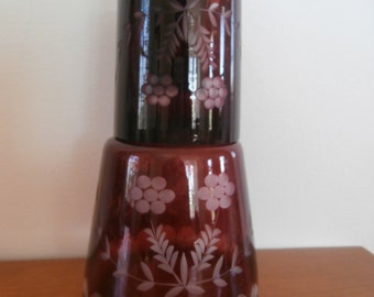 Red Carafe Etched Glass Tumble Up Two Piece Bedside Water