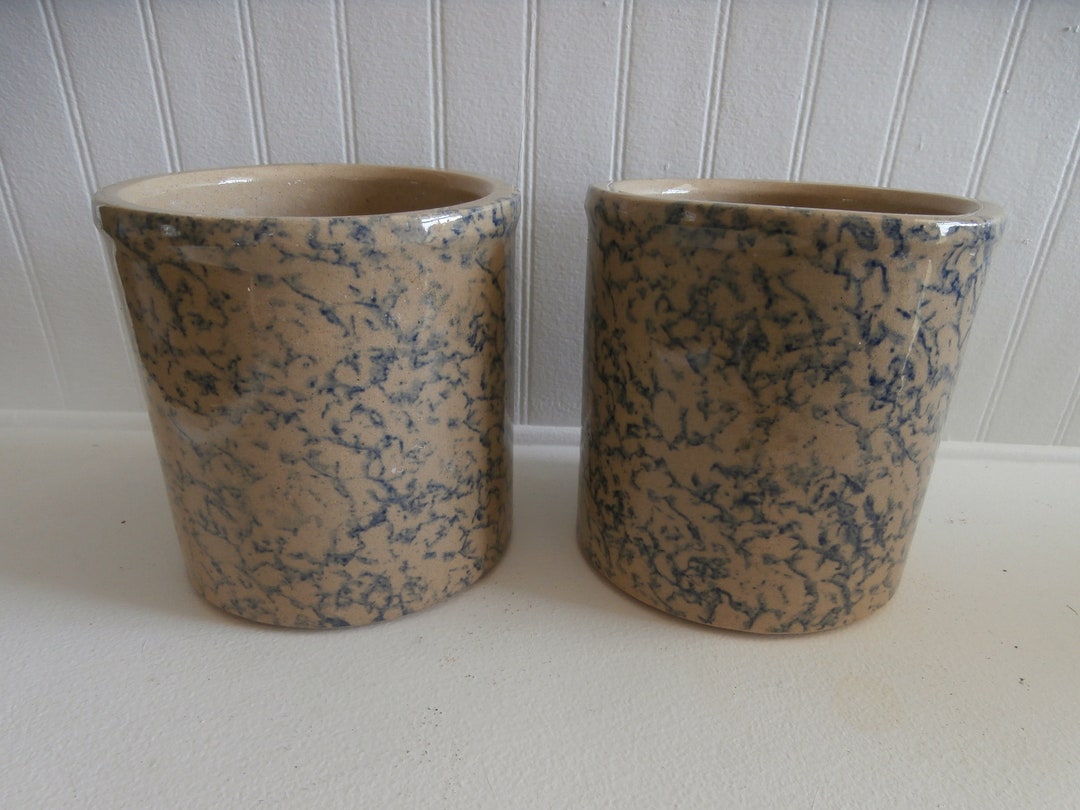 Roseville Blue Spongeware Vase Utensil Holder Crock Planter Etsy