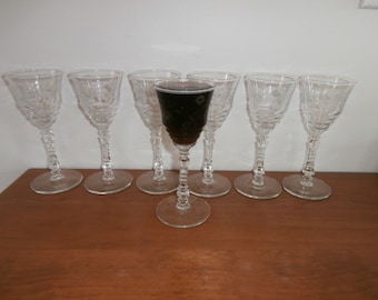 Seven 1950's Rock Sharpe Etched Halifax Floral Cordial Wine Water Glasses 3005