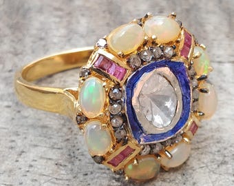 Natural Fire Opal With Ruby Ring, Diamond Polki Ring, 925 Sterling Silver, Gold Plated, Vintage Ring, Art Deco Ring Best Gift For Mother