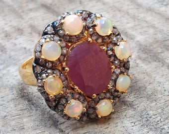 Natural Ruby With Opal Ring, Black Diamond, 925 Sterling Silver, Gold Plated Ring, Victorian Ring, July Birthstone, Best Gift For Her