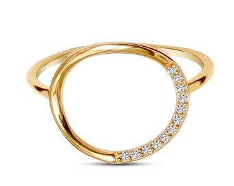 925 Sterling Silver, 14k Gold Plated Pave CZ Round Open Circle Ring, oval ring, dainty thin gold ring, delicate round ring, geometric ring