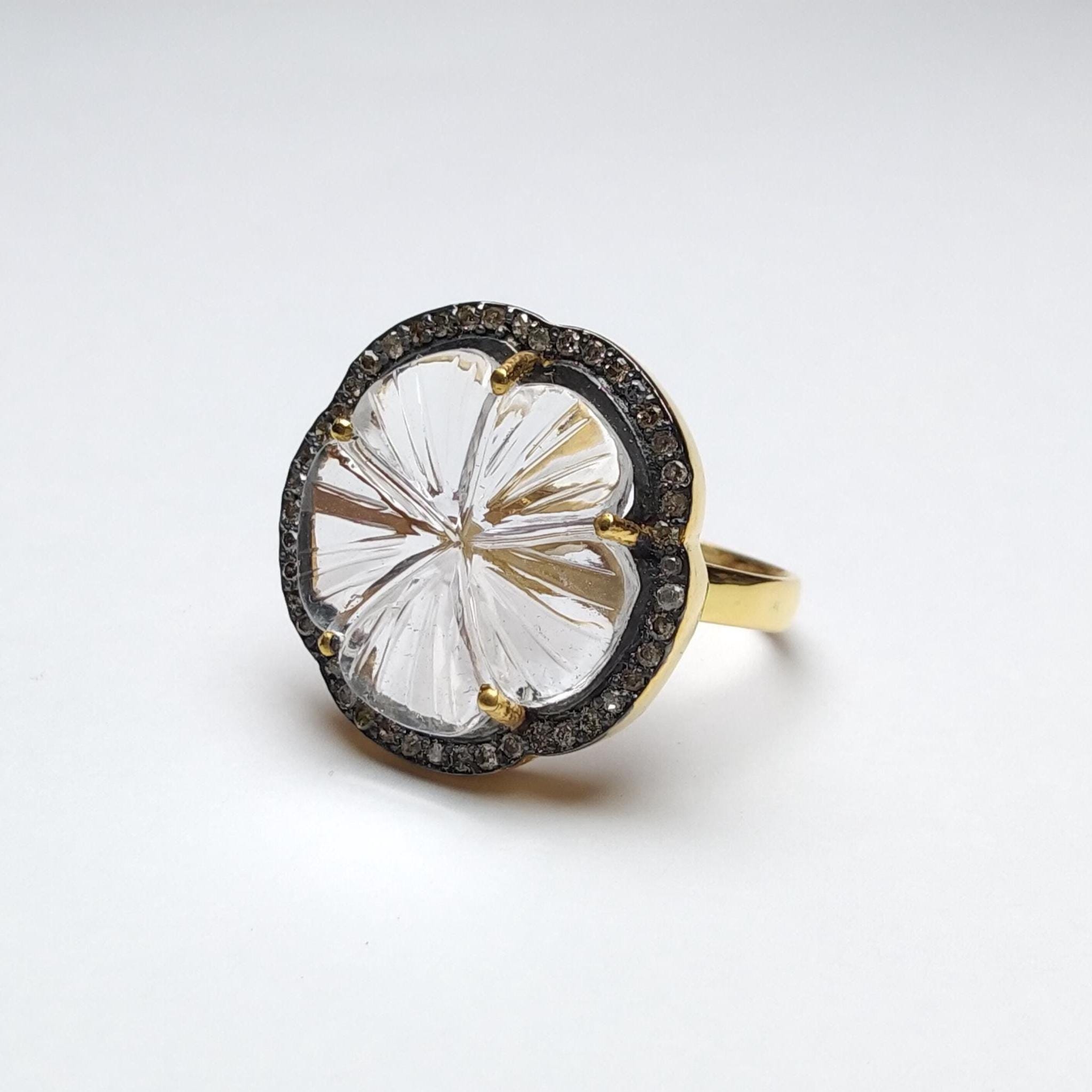 14k Vermeil Gold Natural Moonstone Ring With Black Diamond 925 Sterling Silver Handmade Jewelry Floral Ring Carved Moonstone Best Gift