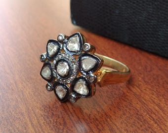 14k Vermeil Gold Polki With Diamond Stone Ring 925 Sterling Silver Handmade Jewelry Flower Ring Polki Ring Unique Design Best Gift For Her