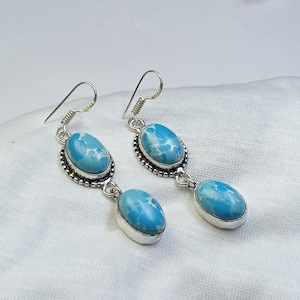 Natural Larimar Gemstone Silver Earring Pair 925 Sterling Silver Handmade Jewelry Simple Fashion Beautiful Earrings Gemstone Best Gift