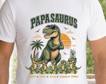 Personalised Papasaurus Cotton T Shirt with Grandchildren’s Names and Baby Dinosaurs