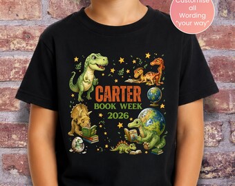 Personalised Dinosaur Book Week 2026 Shirt, T-Rex Reading T-Shirt for Kids, Teachers & Librarians, Custom Name School Parade Tee