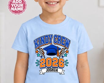 Personalised Kindy Crew 2026 Shirt, Kindergarten Graduation Kids T-Shirt, Custom Name Preschool Graduate Tee