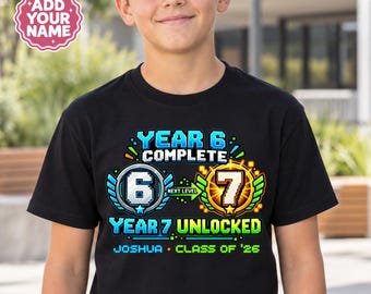 Personalised Year 6 Graduation Shirt for Boys, Year 7 Unlocked Gaming Tee, Class of 2026 School Leavers