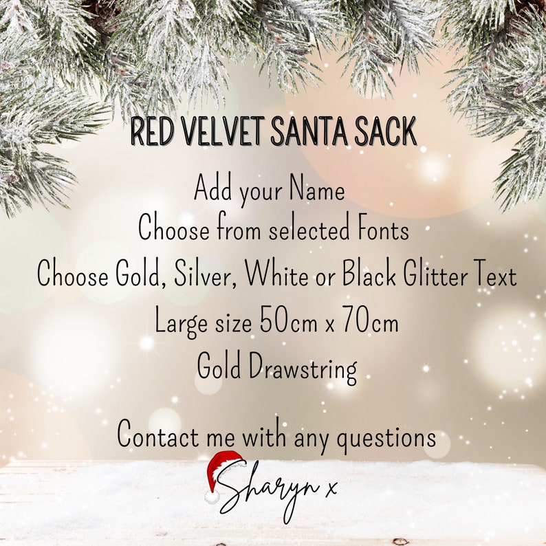 May include: A red velvet Santa sack with text that reads "RED VELVET SANTA SACK". The sack is customizable with a name and font choice. Available text colors include gold, silver, white, or black glitter. It measures 50cm x 70cm and has a gold drawstring.