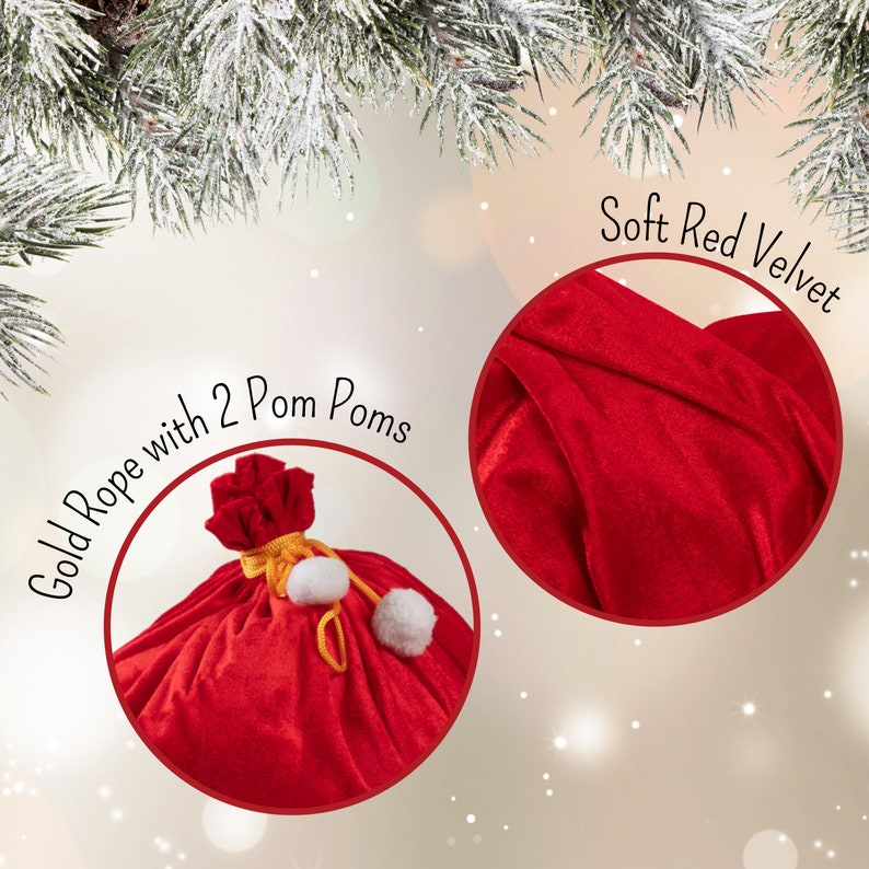 May include: A red velvet gift bag with a gold rope and two white pom-poms. The bag is shown in a close-up view, with the words "Gold Rope with 2 Pom Poms" and "Soft Red Velvet" in the image.
