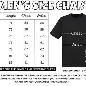 May include: A size chart for men's t-shirts with measurements in inches for chest, waist, and length. The chart includes sizes S, M, L, XL, 2XL, 3XL, and 5XL.  "Please don't skip this simple and effective check."  "Grab your favourite t-shirt of a similar style and lay it flat on a table - take a tape measure and measure the front of the garment (not around) - compare it to the size chart to find your closest measurement."