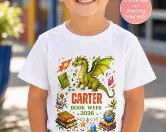Personalised Dragon Book Week 2026 Shirt, Magical Fantasy T-Shirt for Kids, Teachers & Librarians, Custom Name School Parade Tee