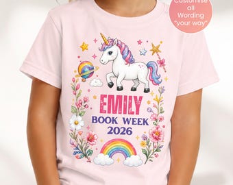 Personalised Unicorn Book Week 2026 Shirt, Rainbow Fantasy T-Shirt for Kids, Teachers & Librarians, Custom Name School Parade Tee