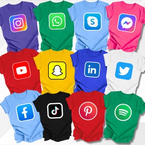 May include: Twelve different t-shirts featuring popular social media logos. The logos are printed in various colours on a variety of coloured t-shirts.