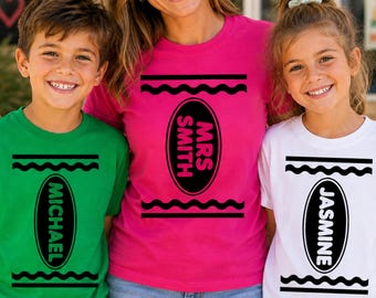 Personalised Crayon Costume T-Shirt, Kids Book Week Shirt, Custom Name Colour Day Tee, Teacher Group Costume, School Parade Shirt