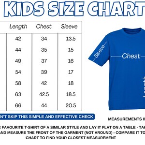 May include: A kids' size chart with measurements in inches for length, chest, and sleeve. The chart shows sizes 2 through 14. The chart is accompanied by a blue t-shirt with measurements labeled for length, chest, and sleeve.